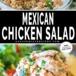 Two images. One with a glass bowl filled with the mixed recipe and a wooden spoon coming out of the bowl. The other with mexican chicken salad piled on an avocado half, served with a side salad and tortilla chips.