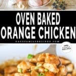 Two photos of orange chicken. One of the ingredients needed to make it and another of it scooped up on a spatula.