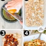 Labeled step by step photos of how to make oven baked orange chicken.