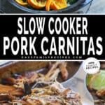 Ingredients in a crockpot/ Crockpot Pork Carnitas recipe prepared and spread on a sheet pan to crisp.