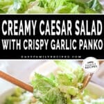 two images for salad, one with dressing being poured over salad and the other with finished salad in a large bowl.