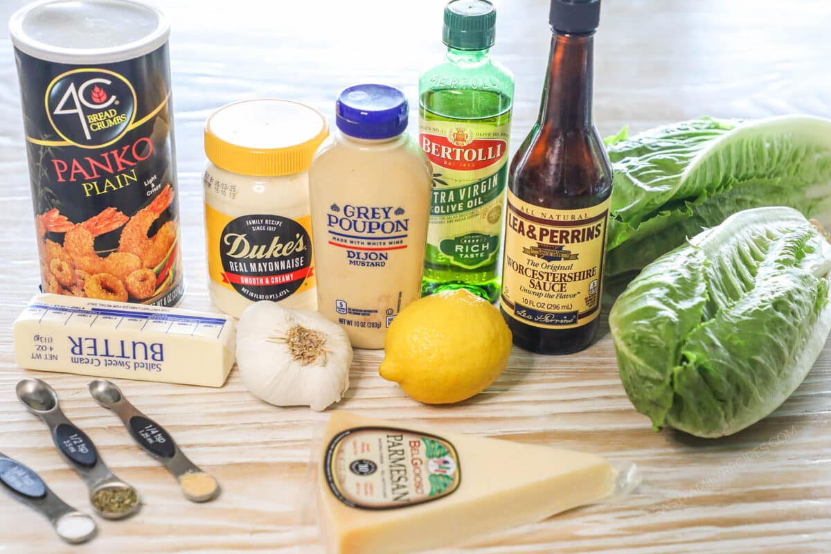 ingredients for creamy caesar salad with crispy garlic panko.