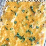 Overhead shot of the baked king ranch chicken casserole in a baking dish.