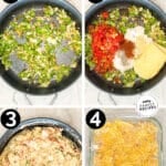 Labeled step by step photos of how to make a king ranch chicken casserole.