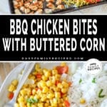 Two photos of bbq chicken bites, one on the sheet pan after baking and another on a plate with rice.