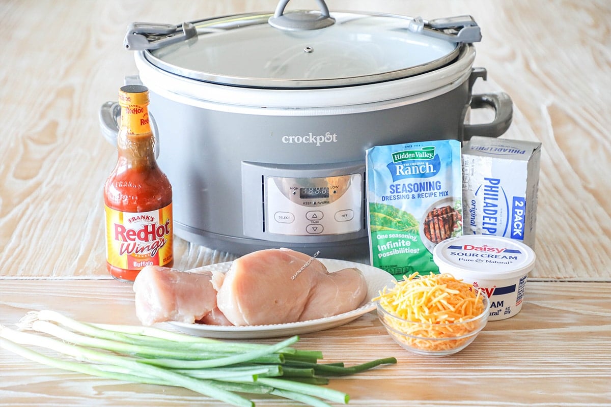 ingredients for frank's buffalo chicken dip.