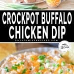two images for chicken dip, one with ingredients needed and the other with finished dip in a serving dish.