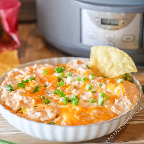 side view of a serving dish filled with buffalo chicken dip next to a slow cooker.