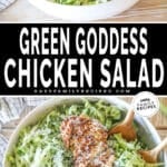 Two photos of green goddess chicken salad tossed and placed in white bowl. sliced chicken breasts are on top. similar images. one is zoomed in