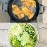 Four photos of preparations for crispy chicken green goddess salad. 1- cup of ingredients for green goddess dressing before blending together. 2- skillet of pan fried crispy parmesan chicken breasts. 3- ingredients and dressing placed in salad bowl before mixing. 4- completed and mixed green goddess salad with sliced chicken breasts on top