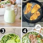 four images of preparations for crispy chicken green goddess salad. 1- pitcher of green goddess dressing sitting in front of salad bowl. 2- skillet of pan fried crispy parmesan chicken breasts. 3- ingredients and dressing placed in salad bowl before mixing. 4- completed and mixed green goddess salad with sliced chicken breasts on top