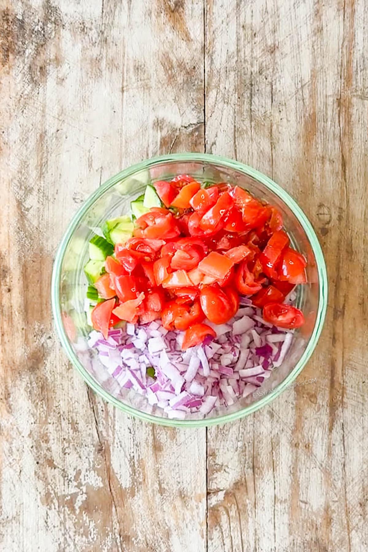 Chopped cucumbers, tomatoes and red onions in a small bowl.
