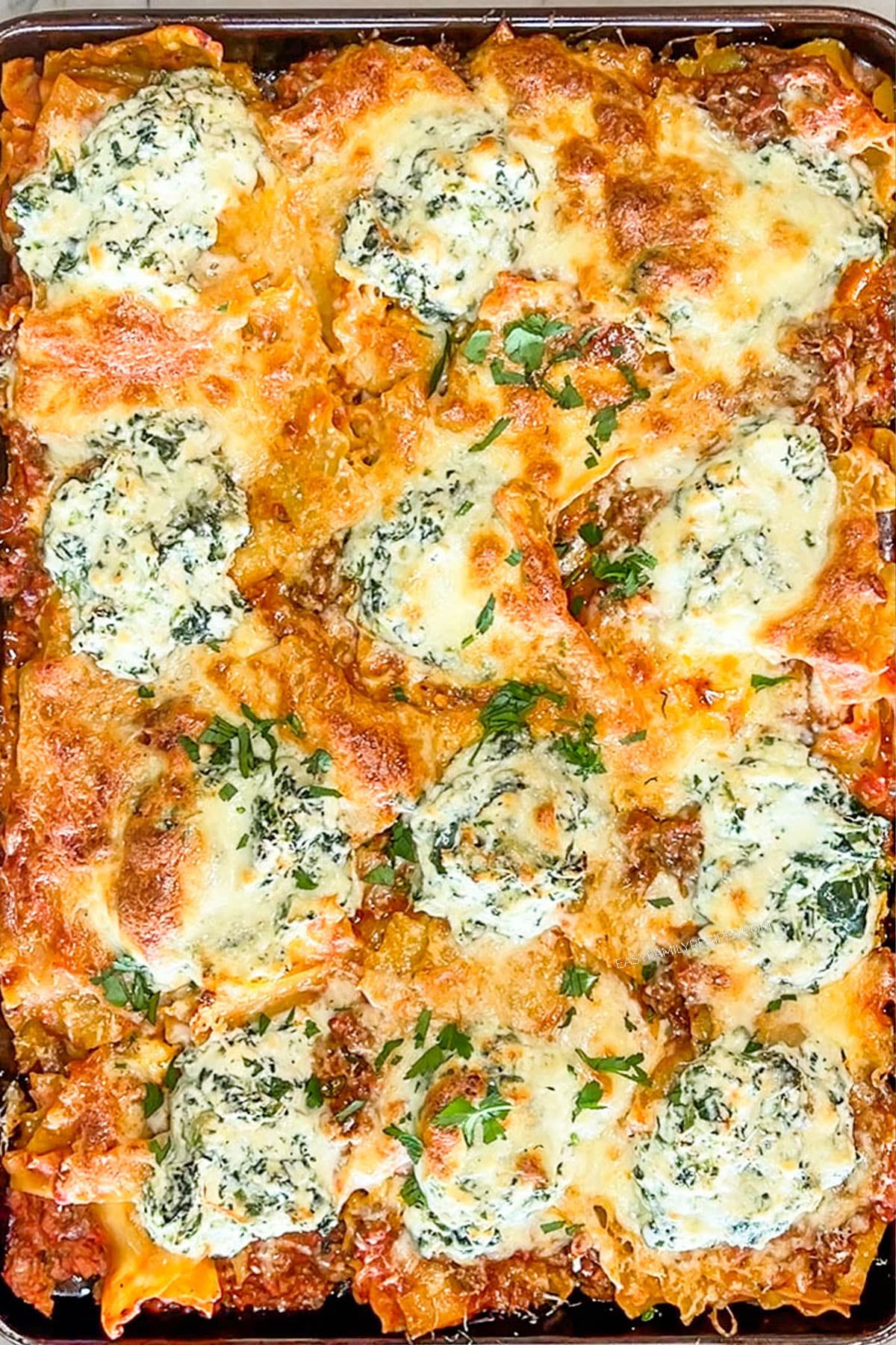 Baked sheet pan lasagna after cooking