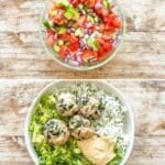Step by step photos of making Mediterranean meatball bowls.