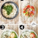 Labeled step by step photos of making Mediterranean meatball bowls.