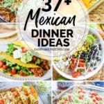 6 photo collage of mexican dinner ideas: turkey tacos, canitas bowl, enchilads, taco salad, baked tacos, taco skillet