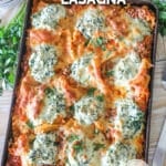 Completed Sheet Pan Lasagna on wooden background, surrounded by garlic head, onion and basil