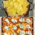 Four steps for making sheet pan lasagna. 1- combine ground beef, Italian sausage and marinara. 2- add cooked noodles. 3- layer on sheet pan with ricotta, mozzarella and spinach mixture. 4- bake in oven