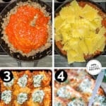 Four steps for making sheet pan lasagna. 1- combine ground beef, Italian sausage and marinara. 2- add cooked noodles. 3- layer on sheet pan with ricotta, mozzarella and spinach mixture. 4- bake in oven