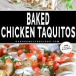 Two photos of Baked Chicken Taquitos. The top photo a pan of the finished recipe with toppings, other fresh ingredients surrounding. The bottom photo is a close up of the completed dish on tin foil and a wooden board