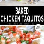 Two photos of Baked Chicken Taquitos. The top photo includes the needed ingredients. The bottom photo includes the completed taquitos with toppings
