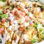 a salad bowl filled with Mexican chicken salad.