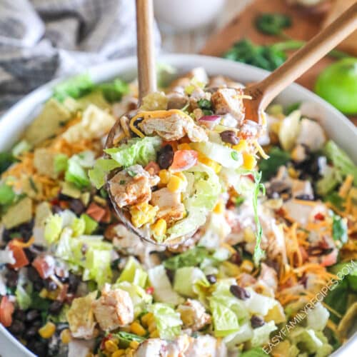 a Southwestern Chicken Salad in a mixing. bowl with salad tongs.