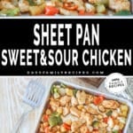 Two photos of sheet pan sweet and sour chicken, one of it overhead on the sheet pan and one from the side.