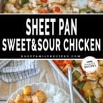 Two photos of sheet pan sweet and sour chicken. One of it on the sheet pan and another of it served with rice on a plate.