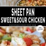 Two photos of sheet pan sweet and sour chicken, one of it scooped onto a spatula and another of it served on a plate.