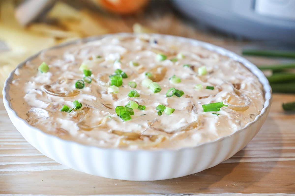 side view of slow cooker french onion dip in a shallow bowl.
