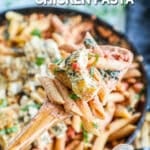 Close up of Creamy Italian chicken pasta in pan before serving.