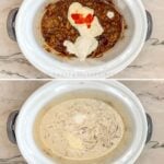 how to make french onion dip, 1) slice onions, then add to crockpot, 2) cook, then add in sour cream, cream cheese, and mayo, 3) stir to combine, 4) serve and enjoy!