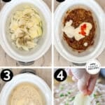 how to make french onion dip, 1) slice onions, then add to crockpot, 2) cook, then add in sour cream, cream cheese, and mayo, 3) stir to combine, 4) serve and enjoy!
