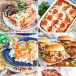 photo collage of 6 dinner ideas for a large group: 1 baked ziti, 2 pepperoni ravioli lasagna, 3 butter chicken, 4 pulled pork sandwiches, 5 chicken spaghetti, 6 sheet pan meatloaf