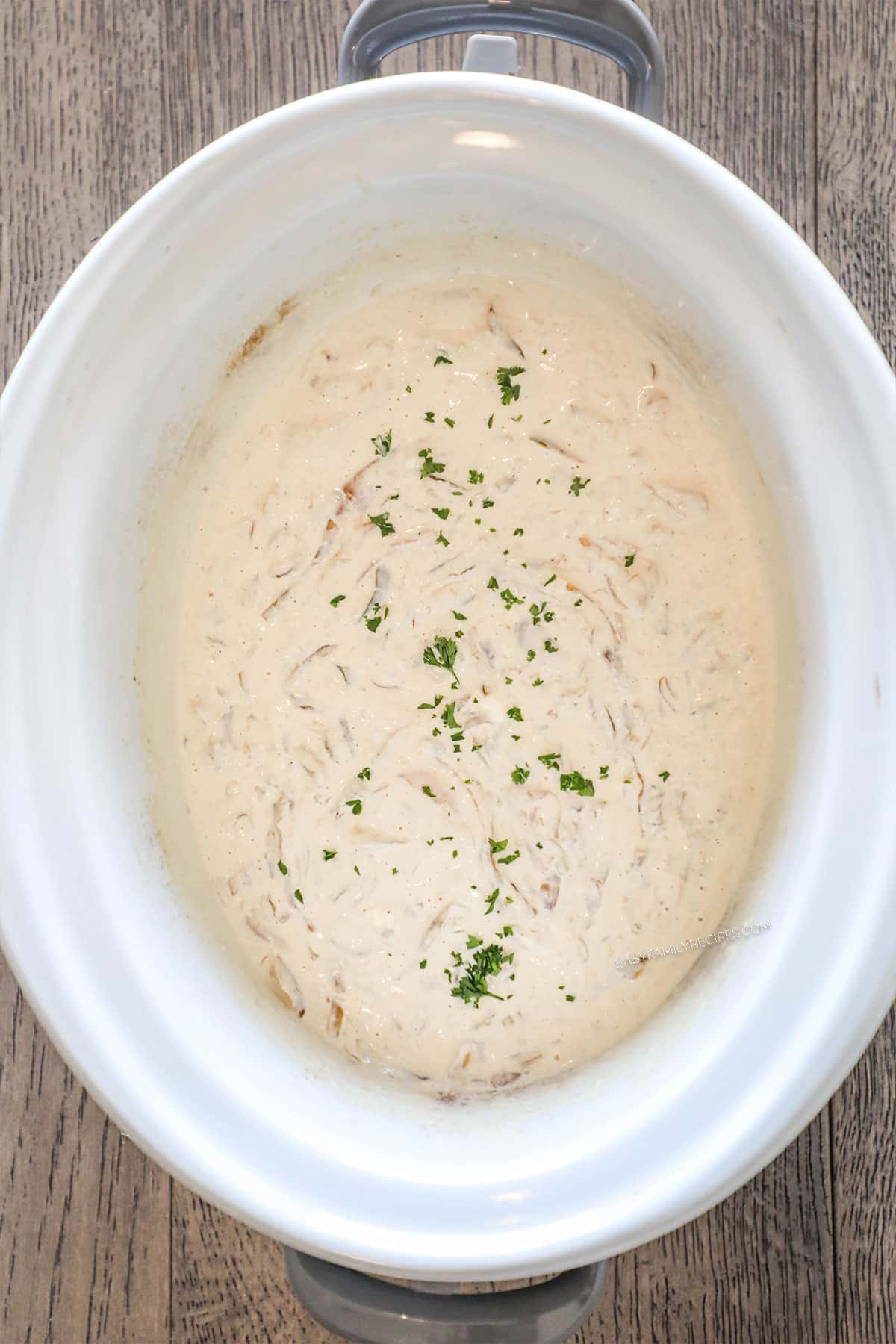 finished onion dip in a slow cooker.