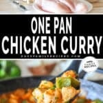 Two photos of one pan chicken curry, one of it in a skillet and a spoon scooping some up, and another of the ingredients needed.