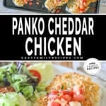 Two photos of panko cheddar chicken. One of it on the sheet pan and one of it served on a plate with a salad.