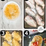 Labeled step by step photos of how to make panko cheddar chicken.