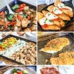 6 photo collage of sheet pan dinner ideas: (1) cashew chicken, (2) baked chicken parmesan, (3) chicken fajitas, (4)panko chicken, (5)sheet pan meatloaf, and (6)caprese chicken & veggies