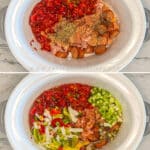 Four steps for making slow cooker jambalaya. 1- add chicken and sausage to crockpot. 2- add tomatoes and spices. 3- Add vegetables. 4- cook and add shrimp.