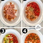 Four steps for making slow cooker jambalaya. 1- add chicken and sausage to crockpot. 2- add tomatoes and spices. 3- Add vegetables. 4- cook and add shrimp.