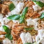 Brown butter spaghetti with chicken, basil and burrata in pan