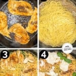 Four steps for making Brown butter spaghetti with chicken, basil and burrata. 1. Cook chicken. 2. Add spaghetti to brown butter sauce. 3. Add sliced chicken. 4. Add torn burrata and fresh basil on top.