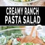 two images for pasta salad, one with a side view of a bowl of pasta salad and the other with a closeup view.