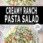 two images for pasta salad in a large mixing bowl.