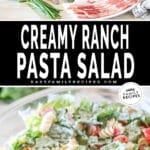 two images for creamy pasta salad, one with pasta salad ingredients and the other with finished salad in a bowl.