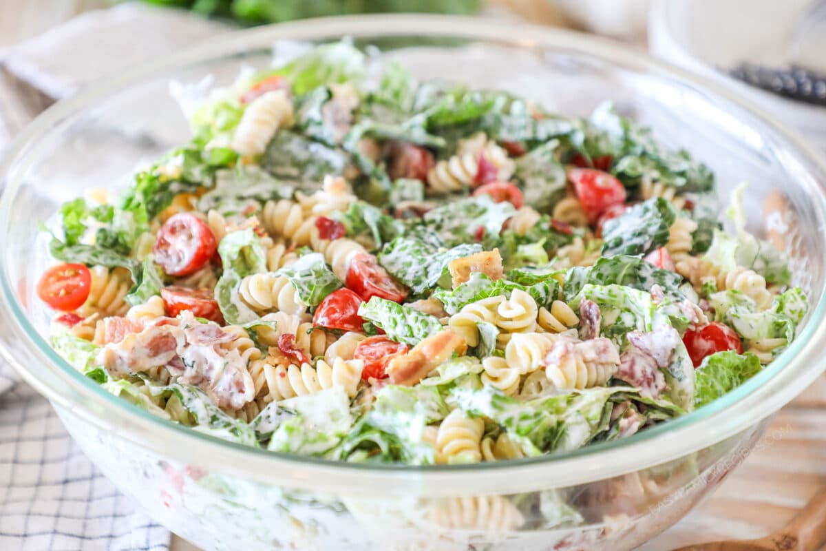 side view of a bowl of Creamy Ranch Pasta Salad.