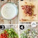 how to make ranch pasta salad, 1) make dressing, 2) cook and chop bacon, 3) assemble pasta, tomato, lettuce, and bacon, 4) add dressing, mix, and serve.