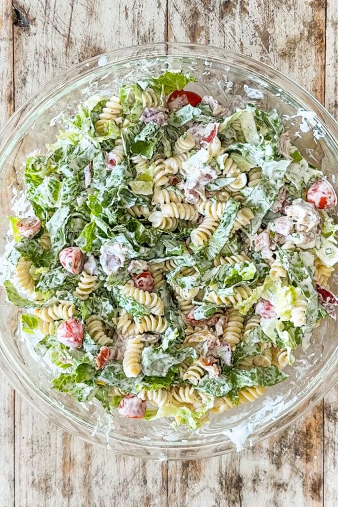 finished pasta salad in a bowl.